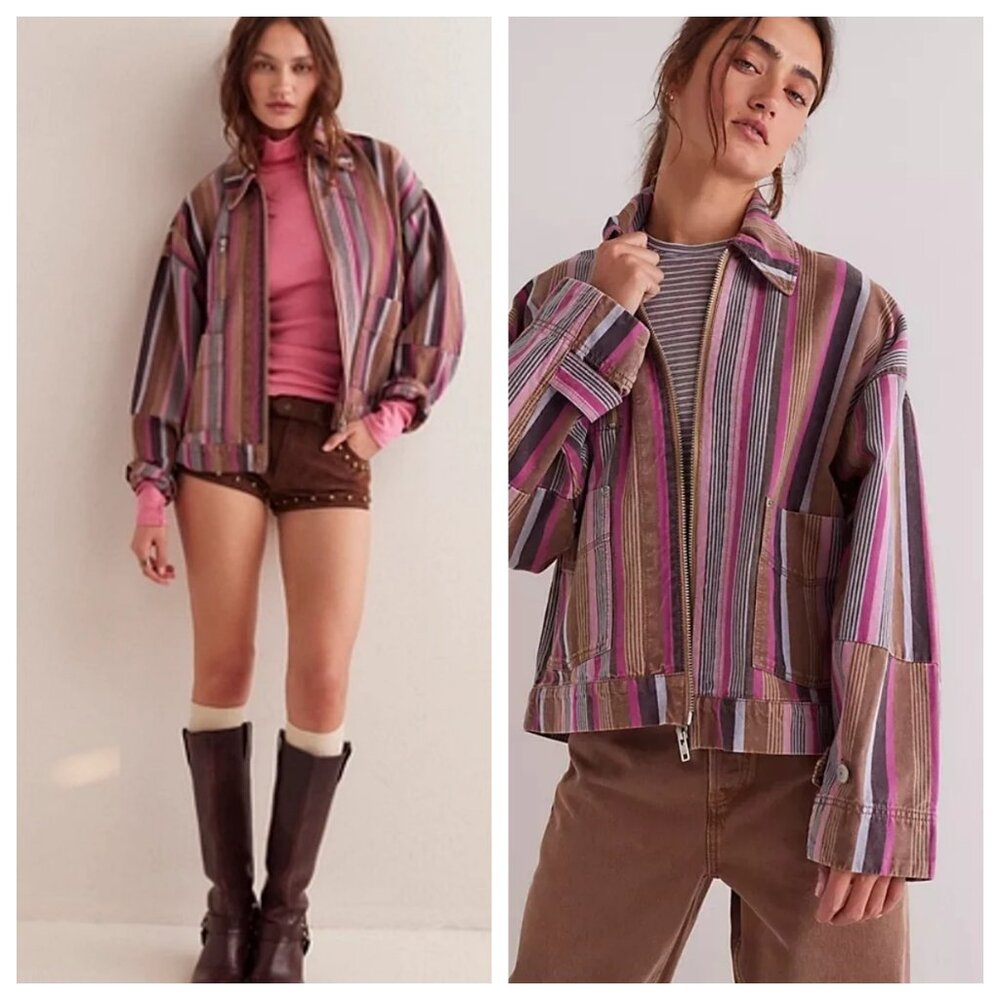 Free People Free Sally Striped Canvas Bomber Jacket